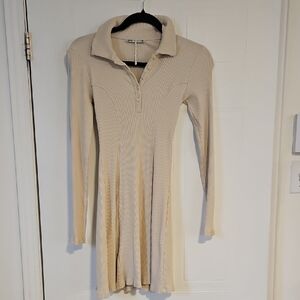 Zara Womens Small Stretchy Bodycon Long Sleeve Beige Button Collared Stretch NWT